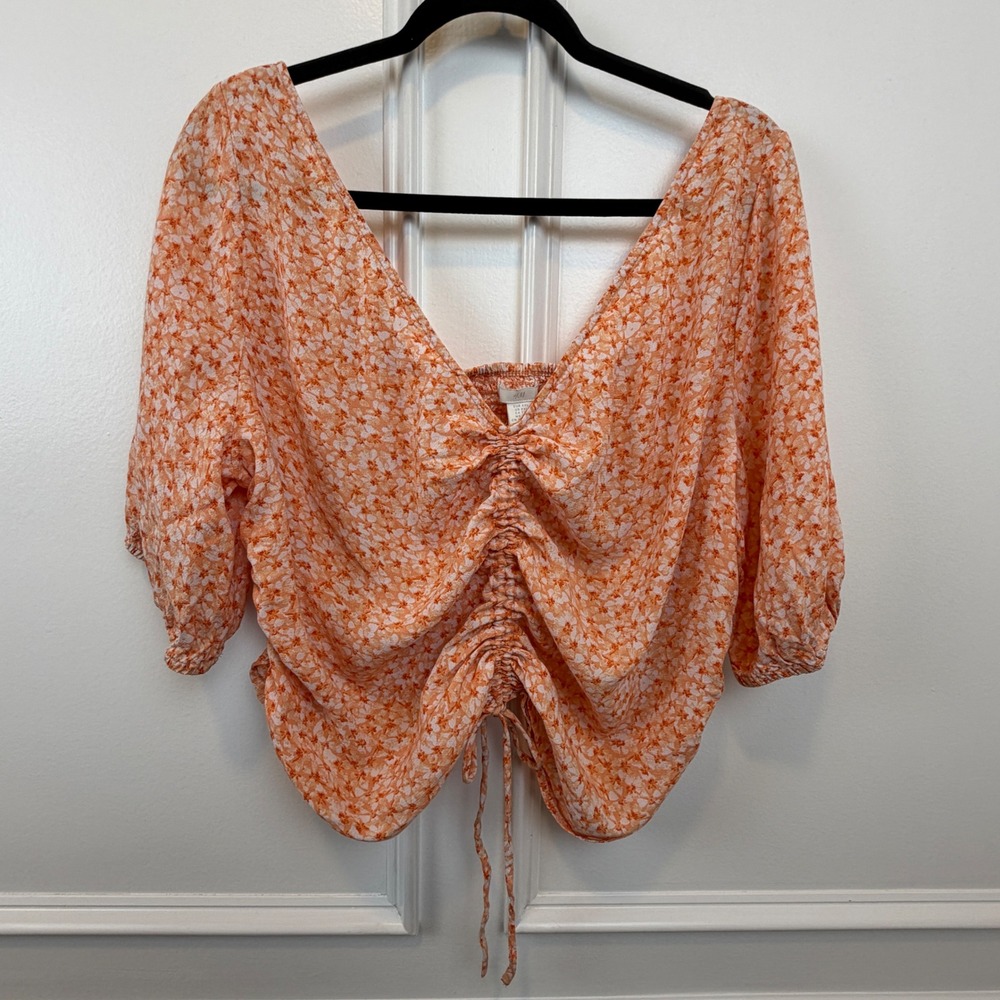 HM Orange Floral Ruched Drawstring Smocked Blouse XXL 0981148 3